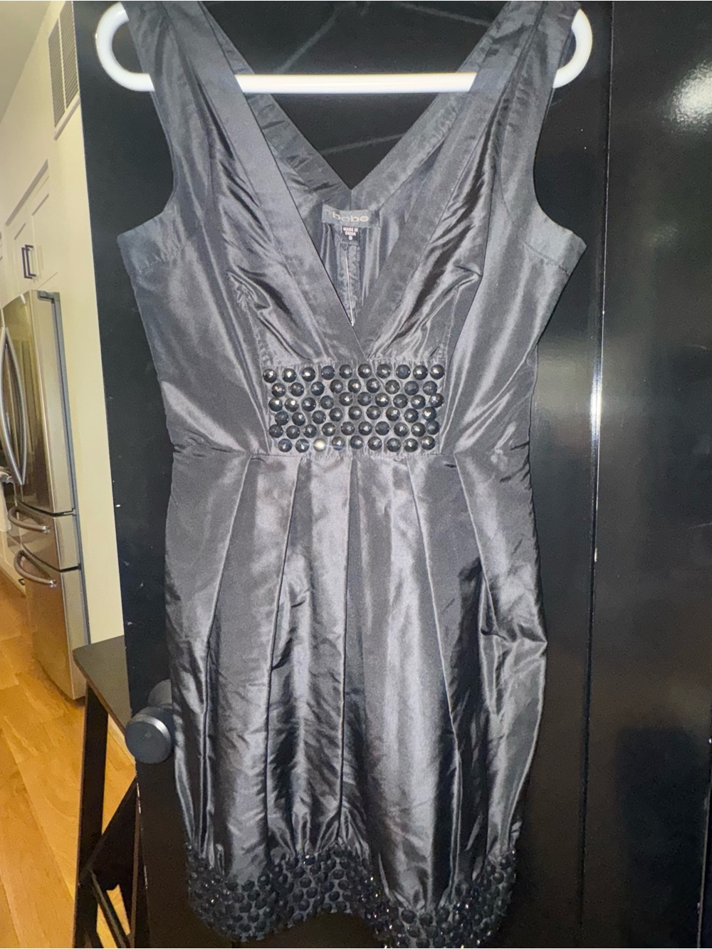 bebe Black Sleeveless V-Neck Beaded Waist Mini Dress